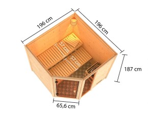 Karibu Innensauna Tabea + Fenster + 9kW Bio-Kombiofen + externe Steuerung Easy bio - 38mm Blockbohlensauna - niedrige Deckenhöhe - Ecksauna