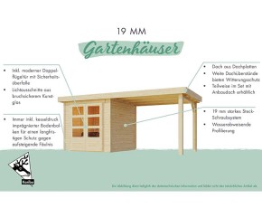 Karibu Holz-Gartenhaus Kerko 3 + 2,8m Anbaudach + Rückwand - 19mm Elementhaus - Flachdach - natur