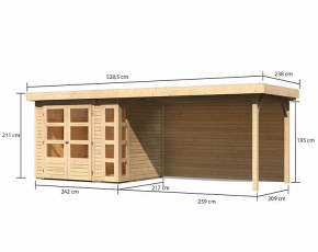 Karibu Holz-Gartenhaus Kerko 3 + 2,8m Anbaudach + Rückwand - 19mm Elementhaus - Flachdach - natur