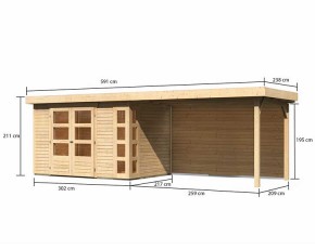 Karibu Holz-Gartenhaus Kerko 4 + 2,8m Anbaudach + Rückwand - 19mm Elementhaus - Flachdach - natur