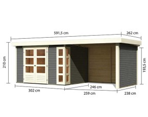 Karibu Holz-Gartenhaus Kerko 5 + 2,8m Anbaudach + Seiten + Rückwand - 19mm Elementhaus - Flachdach - terragrau