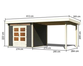 Karibu Holz-Gartenhaus Kandern 6 + 3,2m Anbaudach - 28mm Elementhaus - Pultdach - terragrau