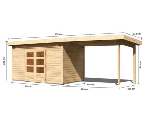 Karibu Holz-Gartenhaus Kandern 9 + 2,8m Anbaudach - 28mm Elementhaus - Pultdach - natur