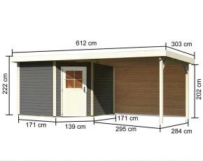 Karibu Holz-Gartenhaus Neuruppin 3 + 3,2m Anbaudach + Rückwand - 28mm Elementhaus - Flachdach - terragrau