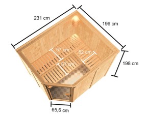 Karibu Innensauna Horna + 9kW Saunaofen + integrierte Steuerung - 68mm Elementsauna - Ecksauna