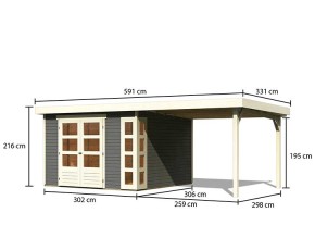 Karibu Holz-Gartenhaus Kerko 6 + 2,8m Anbaudach - 19mm Elementhaus - Flachdach - terragrau