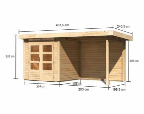 Karibu Holz-Gartenhaus Kandern 1 + 2,35m Anbaudach + Rückwand - 28mm Elementhaus - Pultdach - natur