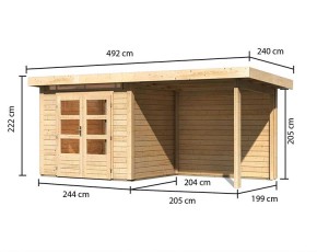 Karibu Holz-Gartenhaus Kandern 2 + 2,35m Anbaudach + Rückwand - 28mm Elementhaus - Pultdach - natur