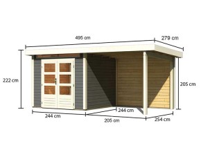 Karibu Holz-Gartenhaus Kandern 3 + 2,35m Anbaudach + Rückwand - 28mm Elementhaus - Pultdach - terragrau