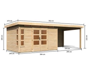 Karibu Holz-Gartenhaus Kastorf 7 + 3,2m Anbaudach + Rückwand - 28mm Elementhaus - Gartenhaus Lounge - Pultdach - natur