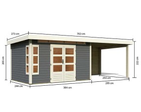 Karibu Holz-Gartenhaus Kastorf 7 + 3,2m Anbaudach + Rückwand - 28mm Elementhaus - Gartenhaus Lounge - Pultdach - terragrau