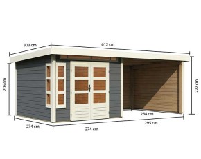 Karibu Holz-Gartenhaus Kastorf 6 + 3,2m Anbaudach + Seiten + Rückwand - 28mm Elementhaus - Gartenhaus Lounge - Pultdach - terragrau