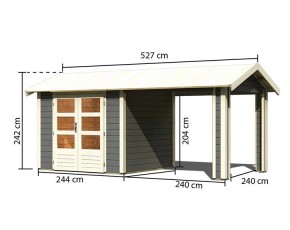 Karibu Holz-Gartenhaus Theres 3 + 2,6m Anbaudach - 28mm Elementhaus - Satteldach - terragrau