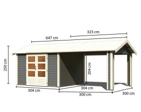 Karibu Holz-Gartenhaus Theres 7 + 3,2m Anbaudach - 28mm Elementhaus - Satteldach - terragrau