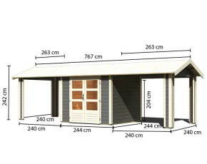 Karibu Holz-Gartenhaus Theres 3 + 2 x 2,6m Anbaudach - 28mm Elementhaus - Satteldach - terragrau