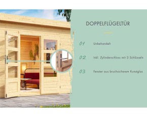 Karibu Holz-Gartenhaus Theres 7 + 2 x 3,2m Anbaudach - 28mm Elementhaus - Satteldach - natur