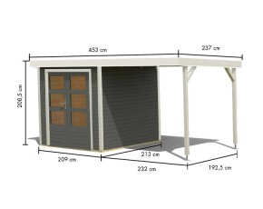 Karibu Hybrid-Gartenhaus Jupiter B + 2,4m Anbaudach - 19mm Elementhaus - Geräteschuppen - Flachdach - terragrau/weiß