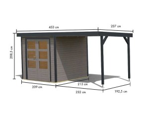 Karibu Hybrid-Gartenhaus Jupiter D + 2,4m Anbaudach - 19mm Elementhaus - Geräteschuppen - Flachdach - wassergrau/anthrazit