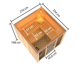 Karibu Innensauna Askja + Glasfront + Superior-Ausstattung + 9kW Saunaofen + externe Steuerung - 68mm Systemsauna