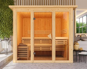 Karibu Innensauna Askja + Glasfront + Superior-Ausstattung + Dachkranz - 68mm Systemsauna