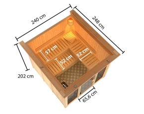 Karibu Innensauna Askja + Glasfront + Superior-Ausstattung + Dachkranz - 68mm Systemsauna