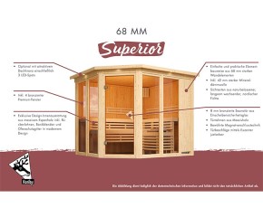 Karibu Innensauna Askja + Glasfront + Superior-Ausstattung + Dachkranz + 9kW Saunaofen + integrierte Steuerung - 68mm Systemsauna