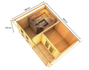 Karibu Gartensauna Mainburg 5 B + Vorraum + 3 Liegen + Vordach - 38mm Saunahaus - Pultdach - natur