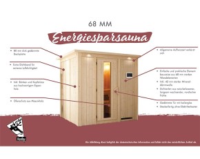 Karibu Innensauna Caspin + Dachkranz + 3,6kW Plug&Play Saunaofen + integrierte Steuerung - 68mm Elementsauna - Energiespartür - Ecksauna - Energiesparsauna