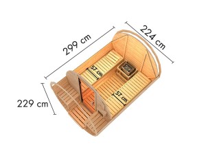 Karibu Fasssauna 2 + Terrasse + 9kW Saunaofen + externe Steuerung - 38mm Saunafass - Tonnendach - natur