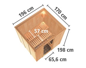 Karibu Innensauna Sodin + 9kW Saunaofen + integrierte Steuerung - 68mm Elementsauna - Ganzglastür klar - lichtgrau