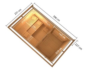 Karibu Gartensauna Skrollan 3 + Vorraum + 9kW Saunaofen + externe Steuerung - 38mm Saunahaus - Pultdach - Classic Saunatür - terragrau