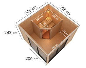 Karibu Gartensauna Terning 3 A + Vorraum + 9kW Saunaofen + externe Steuerung - 38mm Saunahaus - Flachdach - natur