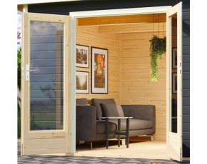 Karibu Gartensauna Mainburg 2 B + Vorraum + 3 Liegen + 9kW Bio-Kombiofen + externe Steuerung - 38mm Saunahaus - Pultdach - terragrau