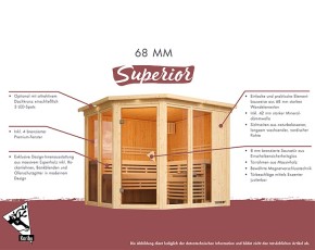 Karibu Innensauna Avari 1 + Glasfront + Superior-Ausstattung + 3,6kW Plug&Play Saunaofen + externe Steuerung - 68mm Systemsauna