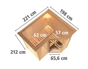 Karibu Innensauna Sahib 1 + Comfort-Ausstattung + Dachkranz - 38mm Blockbohlensauna - Ganzglastür bronziert - Ecksauna