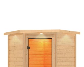 Karibu Innensauna Sahib 1 + Comfort-Ausstattung + Dachkranz + 9kW Saunaofen + externe Steuerung - 38mm Blockbohlensauna - Ganzglastür klar - Ecksauna