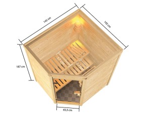 Karibu Innensauna Antonia + 9kW Saunaofen + externe Steuerung - 38mm Blockbohlensauna - niedrige Deckenhöhe - Ecksauna