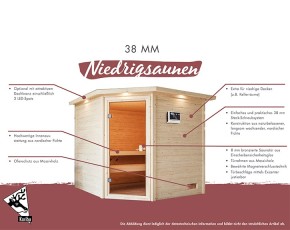 Karibu Innensauna Antonia + 9kW Bio-Kombiofen + externe Steuerung - 38mm Blockbohlensauna - niedrige Deckenhöhe - Ecksauna