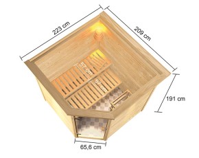 Karibu Innensauna Tilda + Dachkranz + 9kW Saunaofen + integrierte Steuerung - 38mm Blockbohlensauna - niedrige Deckenhöhe - Ecksauna