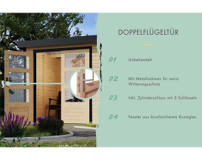 Karibu Hybrid-Gartenhaus Pluto A + 3m Anbaudach - 28mm Elementhaus -  Gartenhaus Lounge - Flachdach - natur/staubgrau