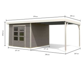 Karibu Hybrid-Gartenhaus Pluto D + 3m Anbaudach - 28mm Elementhaus - Gartenhaus Lounge - Flachdach - wassergrau/weiß