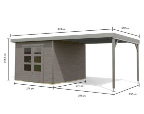 Karibu Hybrid-Gartenhaus Pluto D + 3m Anbaudach - 28mm Elementhaus -  Gartenhaus Lounge - Flachdach - wassergrau/staubgrau