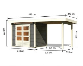 Karibu Gartenhaus Kandern 2 + 2,35m Anbaudach - 28mm Elementhaus - Gartenhaus Lounge - Pultdach - terragrau