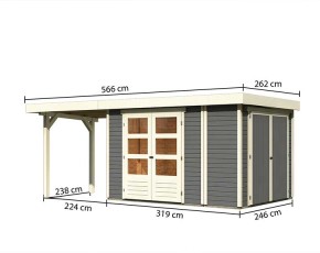 Karibu Holz-Gartenhaus Retola 4 + Anbauschrank + 2,4m Anbaudach - 19mm Elementhaus - Flachdach - terragrau