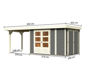 Karibu Holz-Gartenhaus Retola 4 + Anbauschrank + 2,8m Anbaudach - 19mm Elementhaus - Flachdach - terragrau