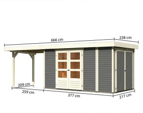 Karibu Holz-Gartenhaus Retola 5 + Anbauschrank + 2,8m Anbaudach - 19mm Elementhaus - Flachdach - terragrau