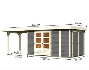 Karibu Holz-Gartenhaus Retola 6 + Anbauschrank + 2,8m Anbaudach - 19mm Elementhaus - Flachdach - terragrau