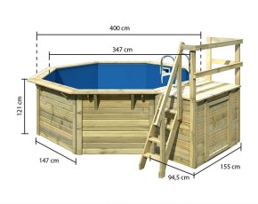 Karibu Holzpool Achteck X1 Set kleiner Filter + Skimmer inkl. Terasse - kesseldruckimprägniert - blaue Folie