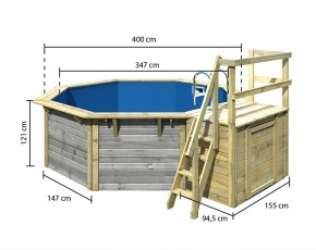 Karibu Holzpool Achteck X1 Set kleiner Filter + Skimmer inkl. Terasse - wassergrau - blaue Folie