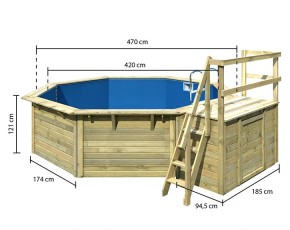 Karibu Holzpool Achteck X2 Set kleiner Filter + Skimmer inkl. Terasse - kesseldruckimprägniert - blaue Folie